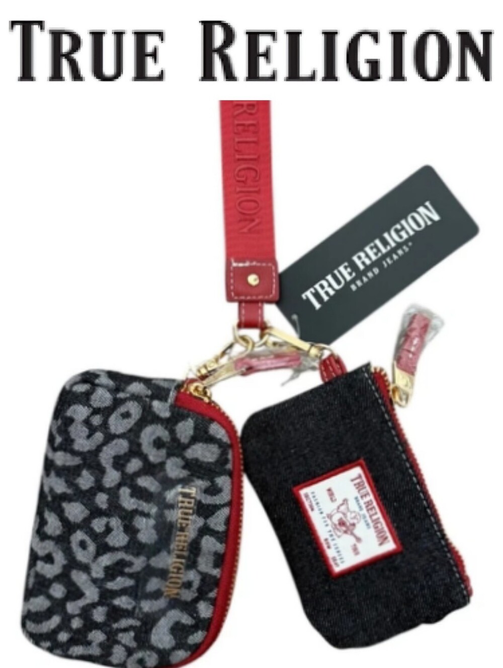 True Religion Denim Leopord Print & Patch Coin Pouch Keychain Set